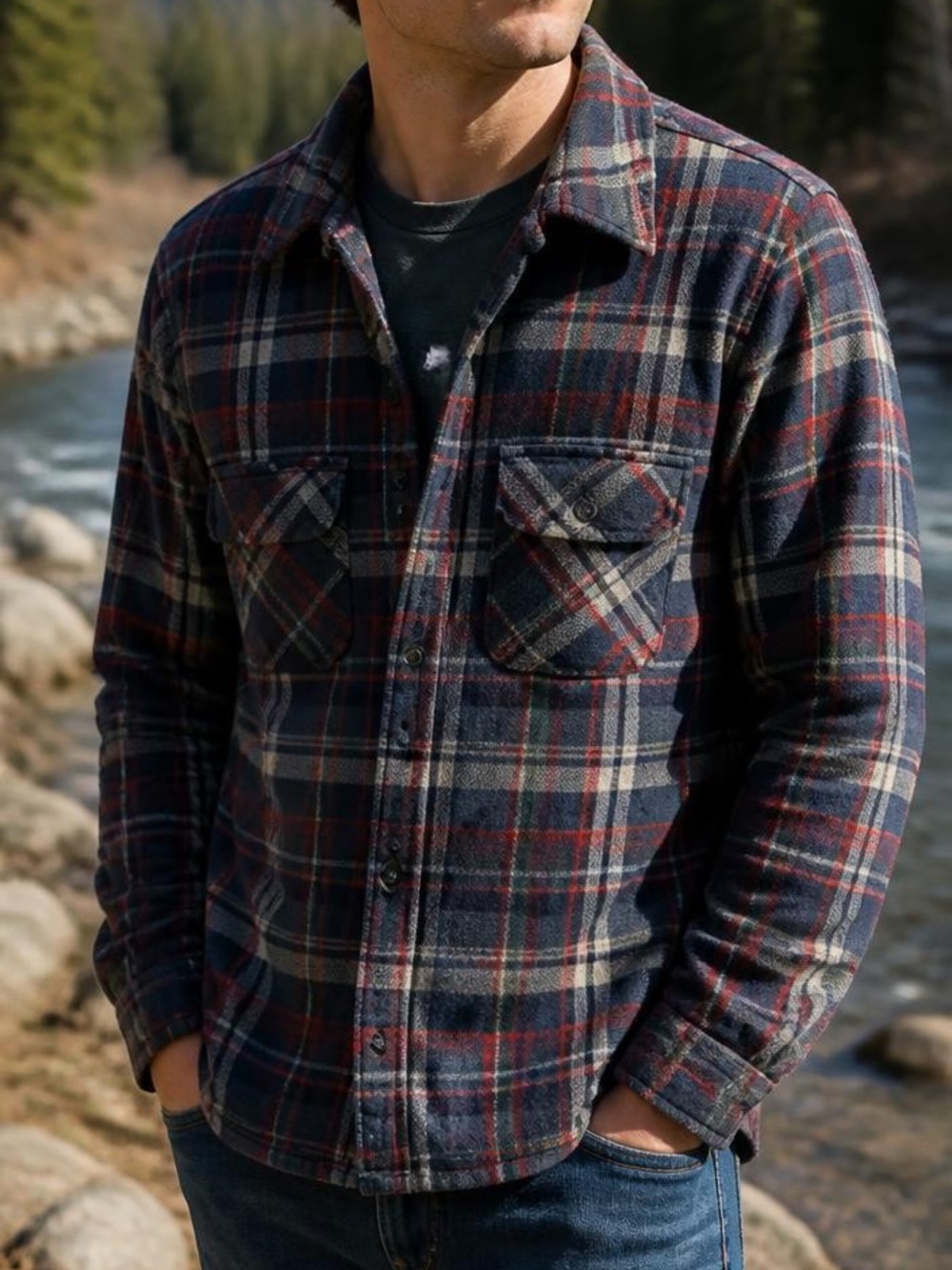 Pendleton Vintage Loop collar Board shirt Wool Plaid Red, Green-Navy flap pocke